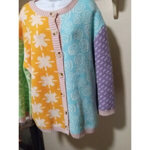 Davi & Dani Patchwork Cardigan Sweater Pastel Swirls Flowers Size M Color block